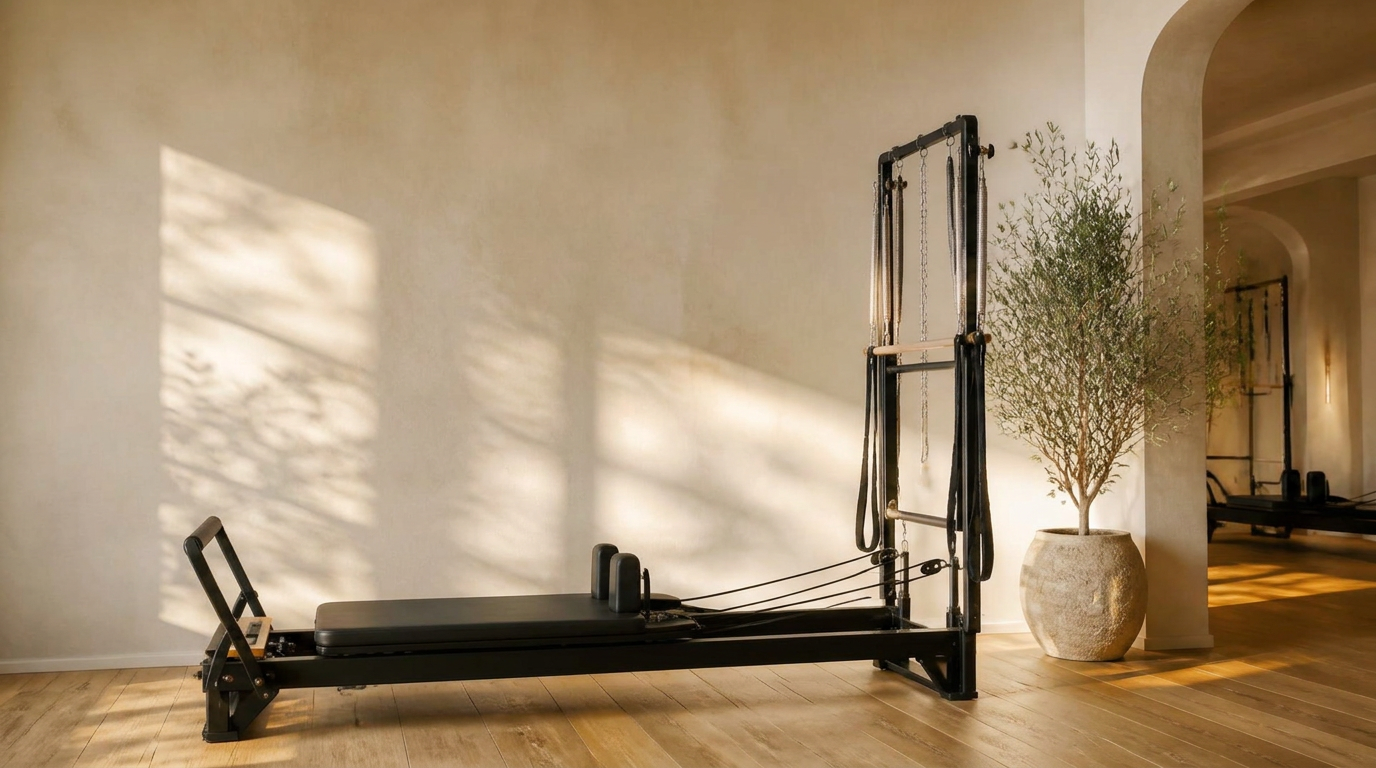 A black Allegro reformer with tower on warm oak flooring in a sunlit studio with an olive tree